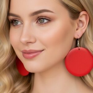 Large round wooden dangle earrings, red earrings, wooden dangle earrings. 6.5 Cm